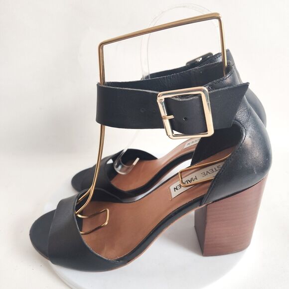 Steve Madden Black Leather 3" Low Block Heel Sandals Size 6 Ankle Strap Boho - Picture 1 of 10